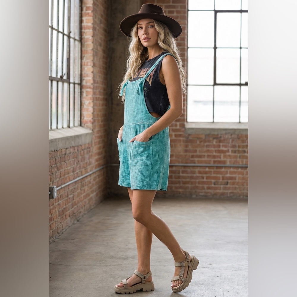 NWT Textured Gauze Washed Dusty Teal Knot Strap Jumper Overalls Shortalls Romper - Picture 5 of 5